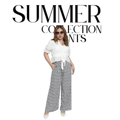 White Floral Wideleg Linen Pants by Kasyaph