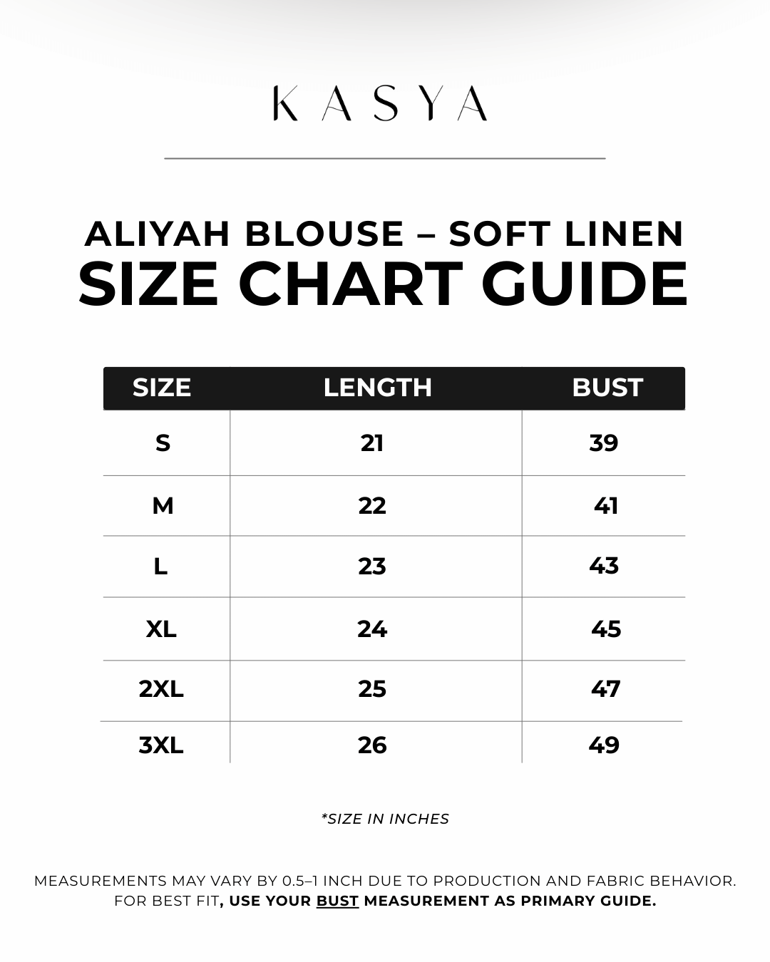 Aliyah Blouse – Soft Linen Size Chart