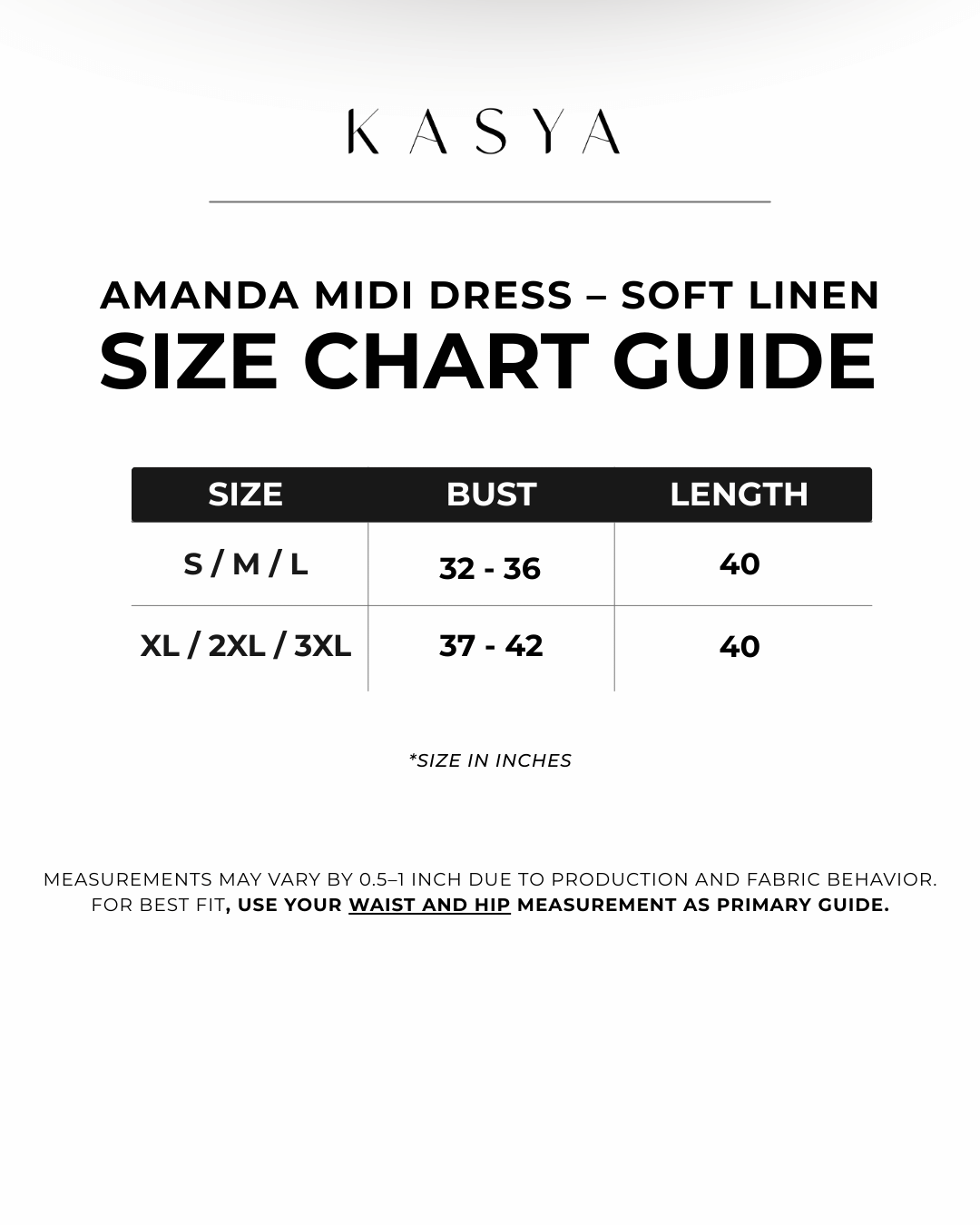 Amanda Midi Dress – Soft Linen Size Chart