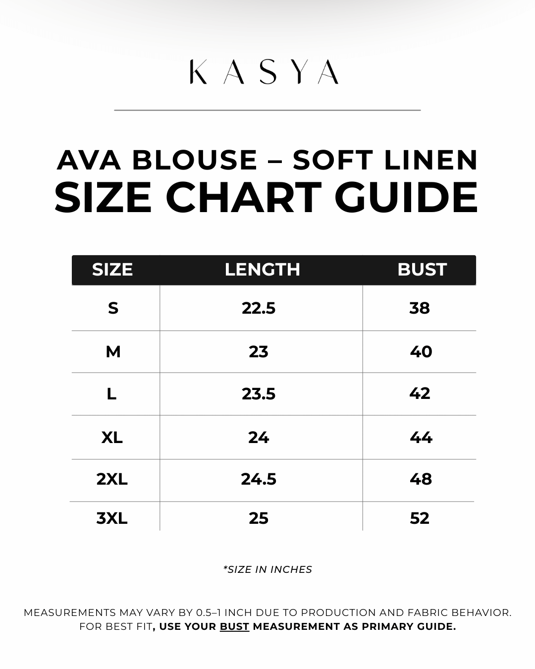 Ava Blouse – Soft Linen Size Chart