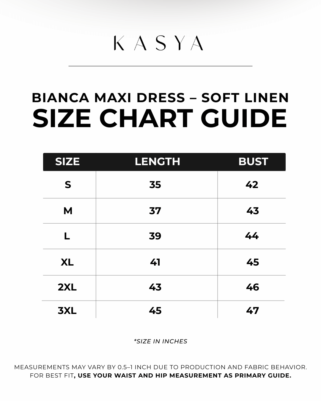 Bianca Maxi Dress – Soft Linen Size Chart