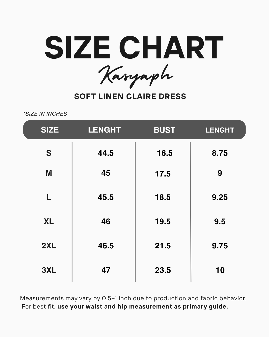 Claire Maxi Dress – Soft Linen Size Chart