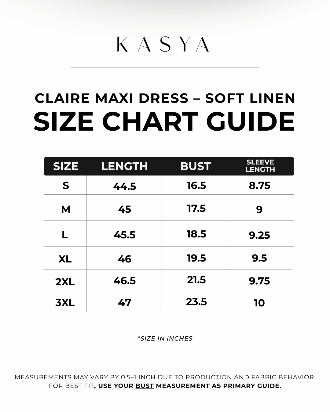 Claire Maxi Dress – Soft Linen Size Chart