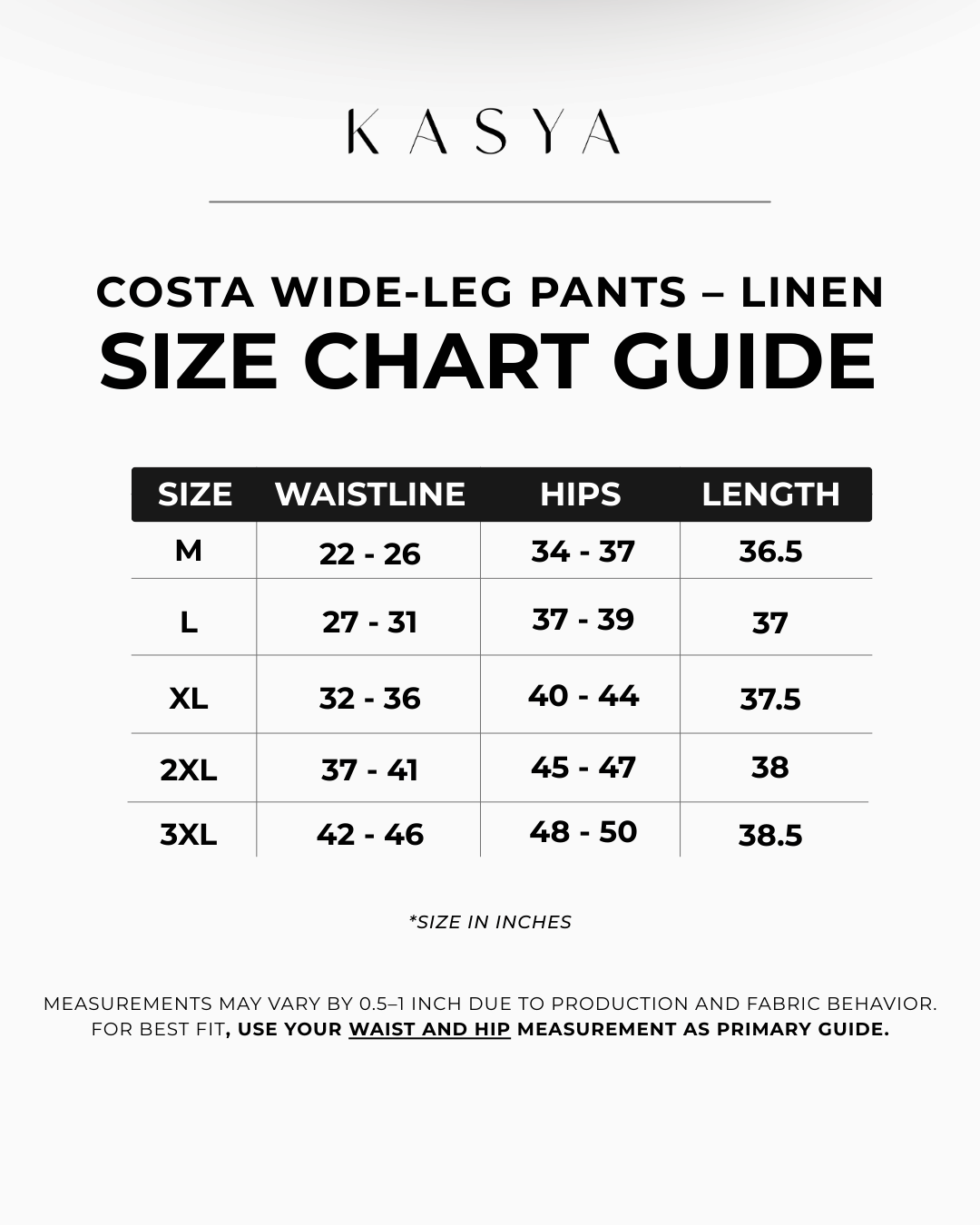 Costa Wide-Leg Pants – Linen Size Chart