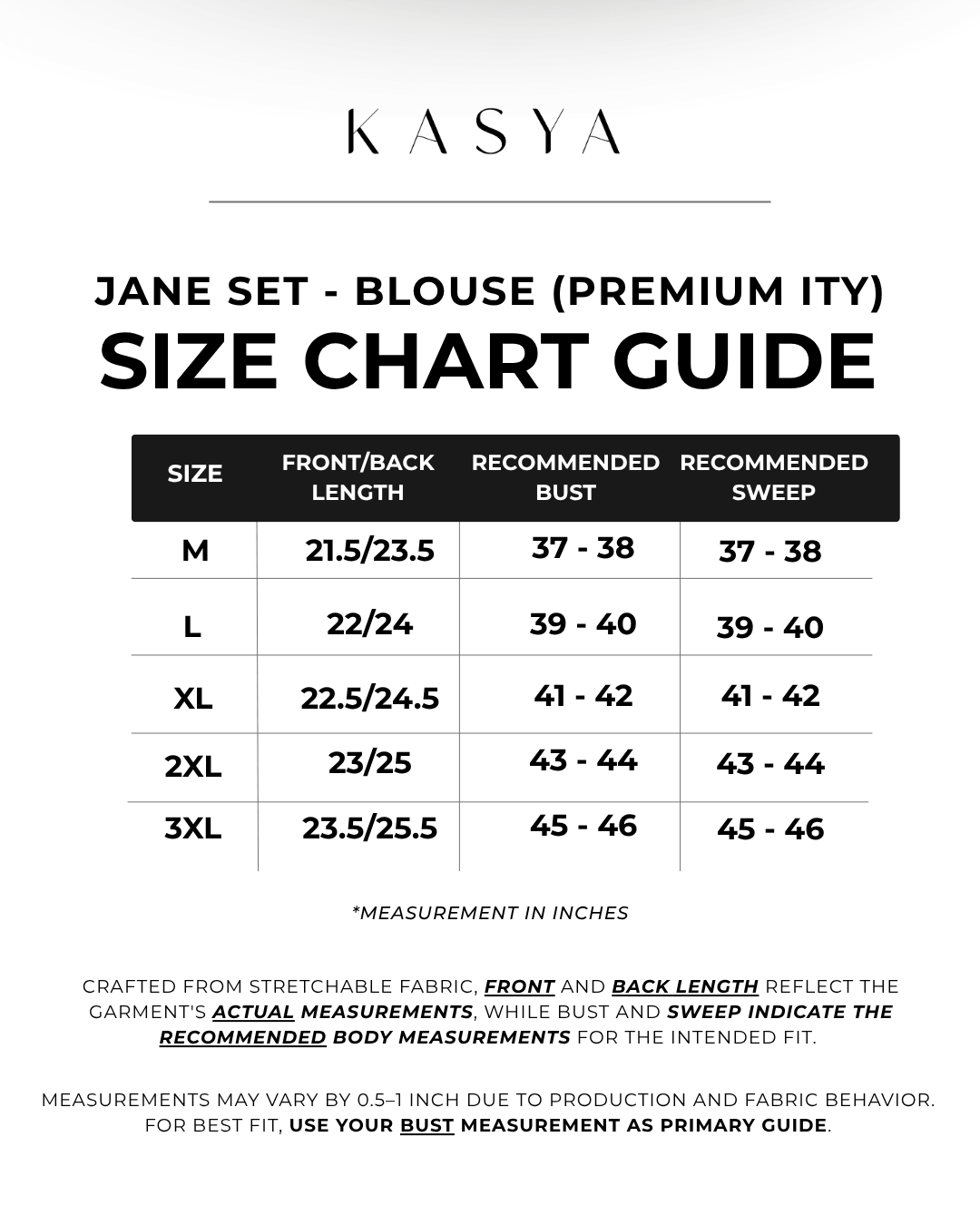 Blouse Size Chart