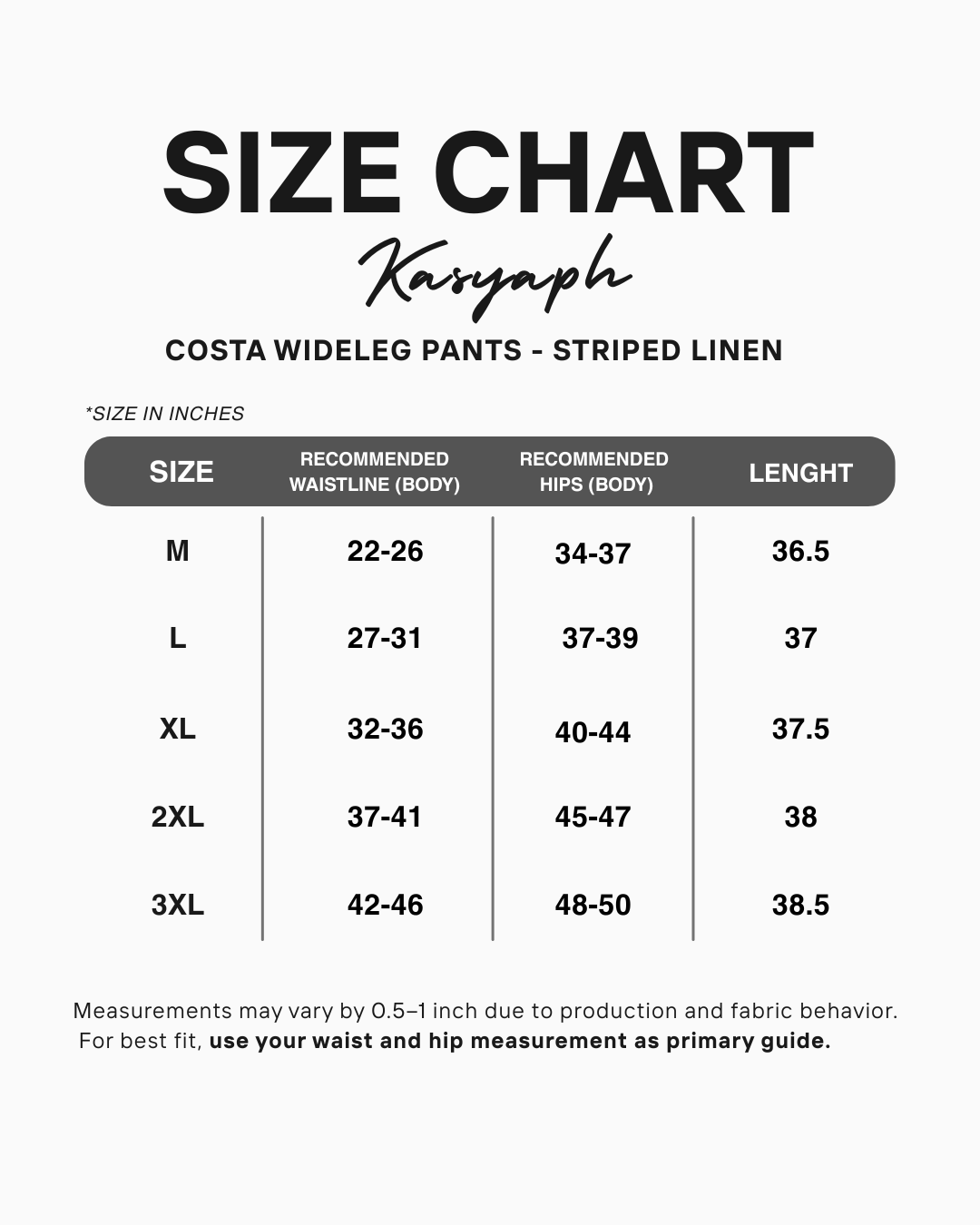 COSTA Wide-Leg Pants – Linen (Striped) Size Chart