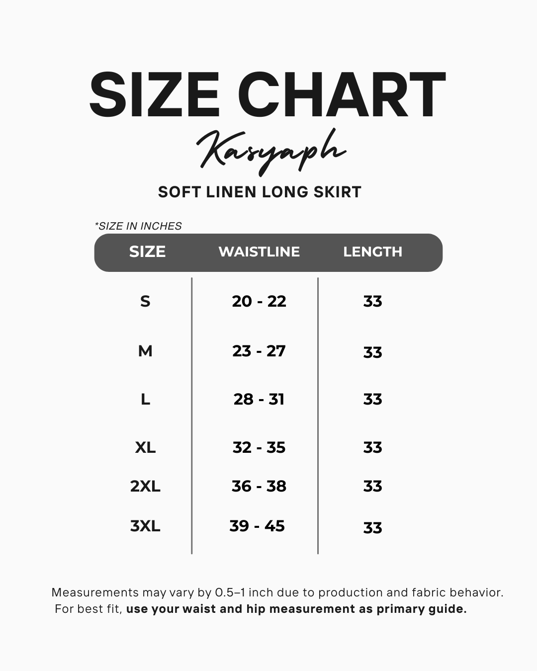 A-Line Maxi Skirt – Soft Linen Size Chart