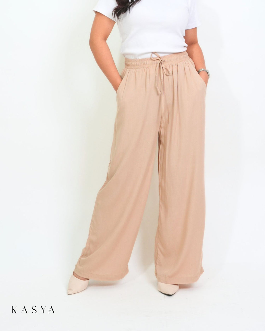 Beige wide-leg pants, front view
