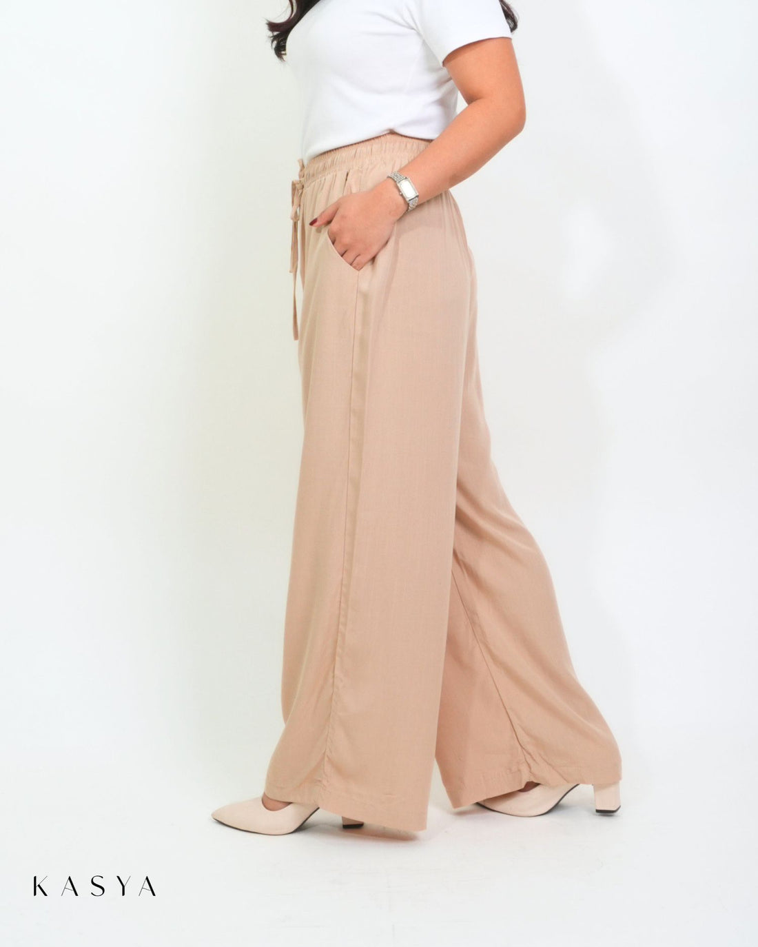 Beige wide-leg pants, side view