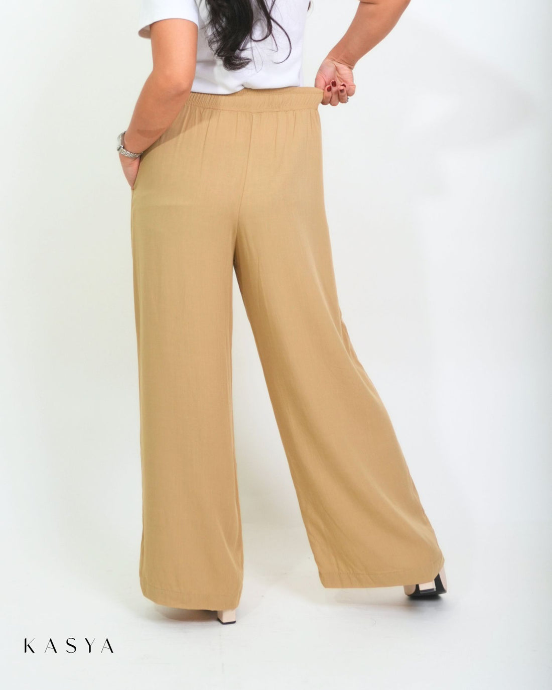 Khaki wide-leg pants, back view