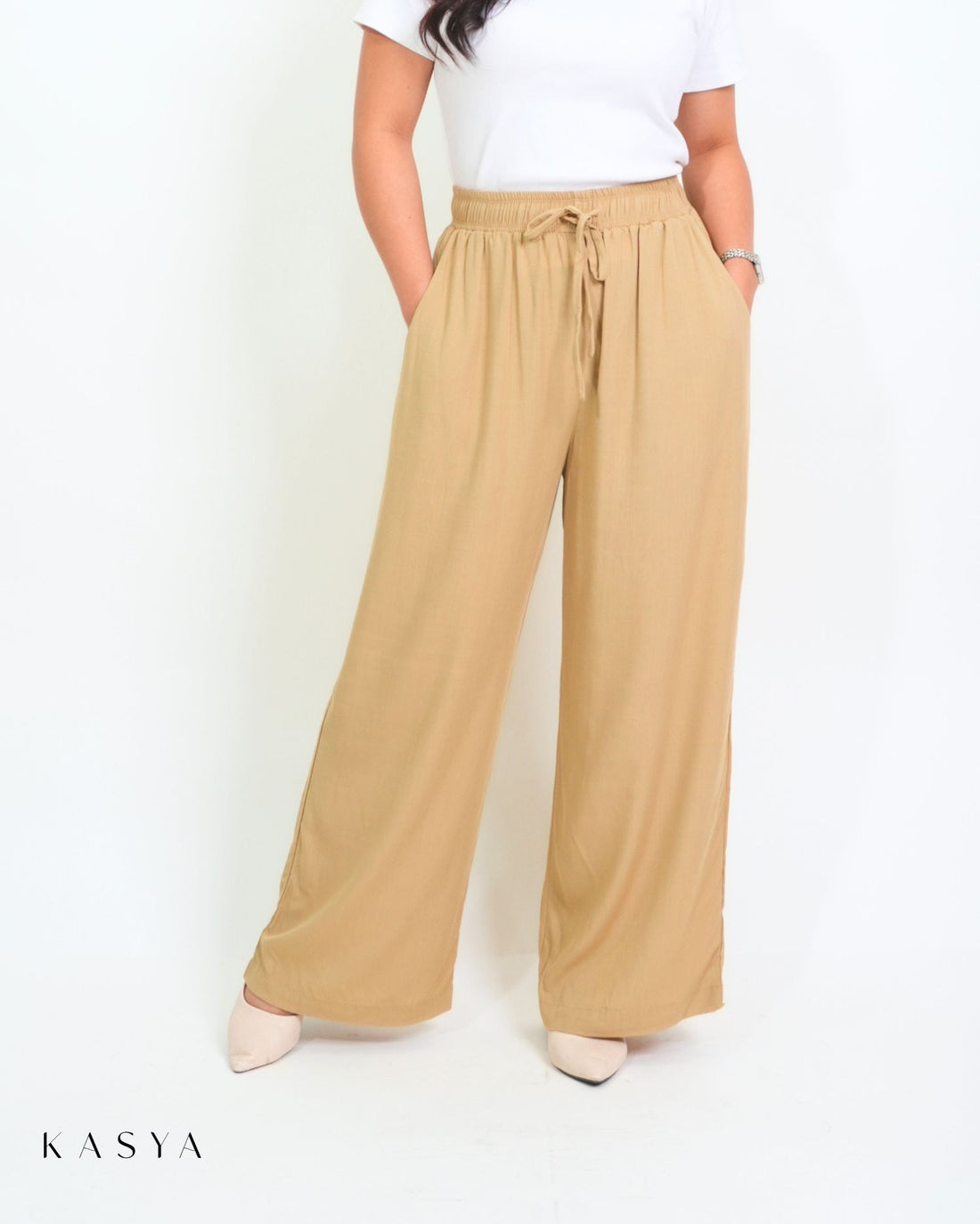 Khaki wide-leg pants, front view