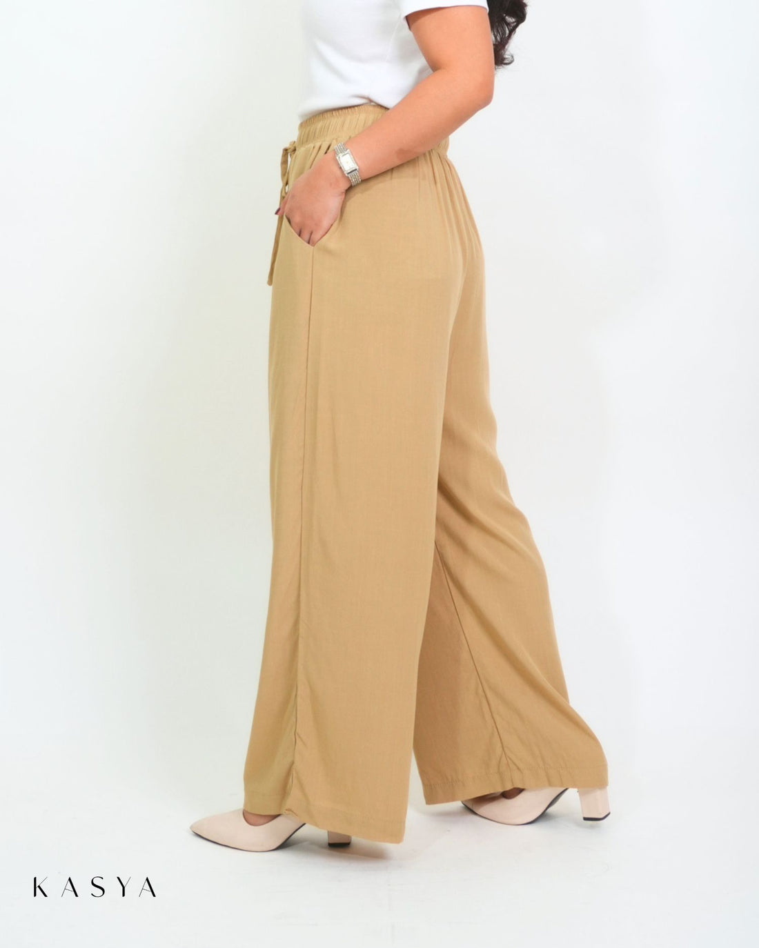 Khaki wide-leg pants, side view