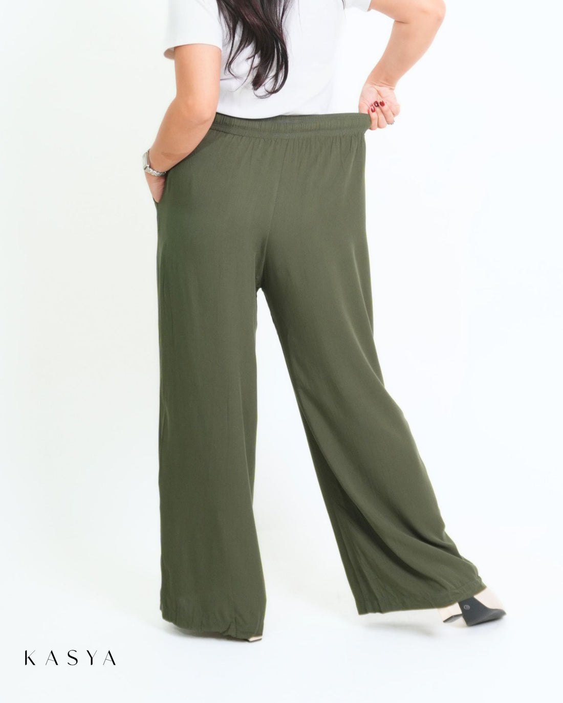 Moss Green wide-leg pants, back view