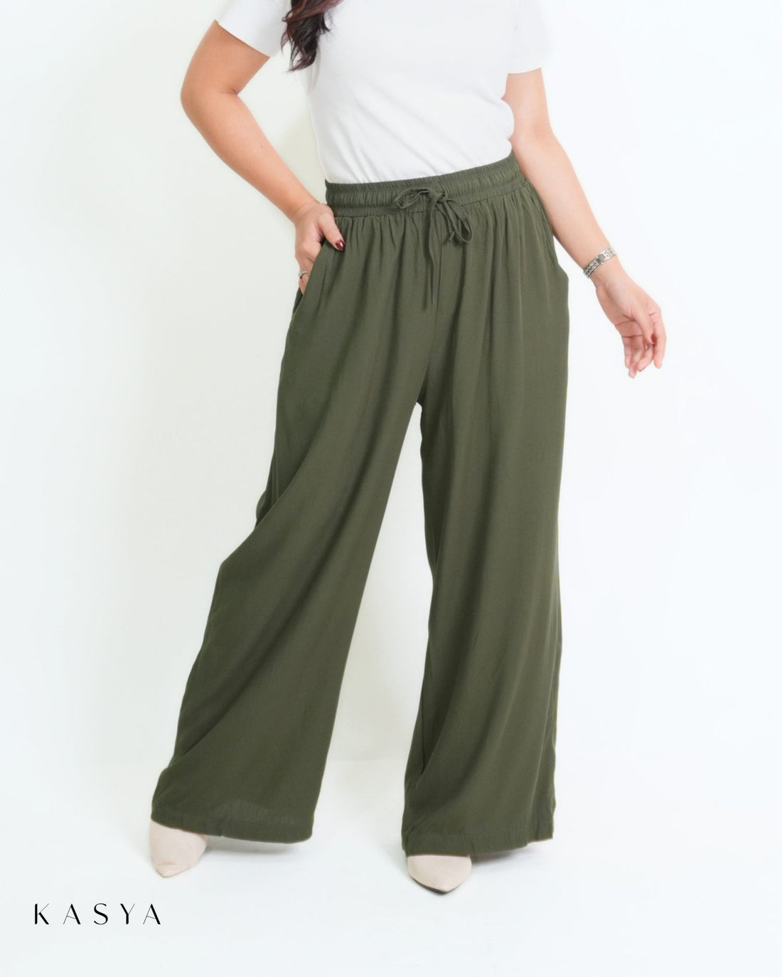 Moss Green wide-leg pants, front view