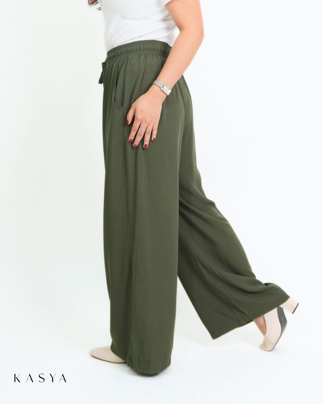 Moss Green wide-leg pants, side view