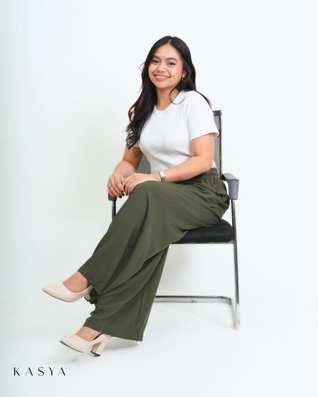 Moss Green wide-leg pants, sitting view